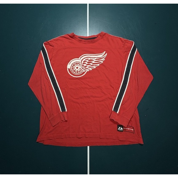 Majestic Detroit Red Wings Long Sleeve T Shirt Mens Size XL Striped Red Black - Picture 1 of 9